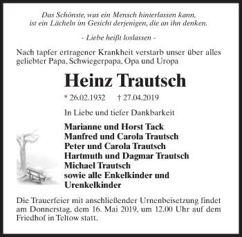 Traueranzeige von Heinz Trautsch von Märkischen Allgemeine Zeitung