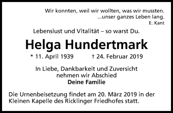 Traueranzeige von Helga Hundertmark von Hannoversche Allgemeine Zeitung/Neue Presse