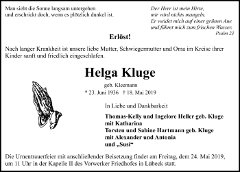Traueranzeige von Helga Kluge von Lübecker Nachrichten