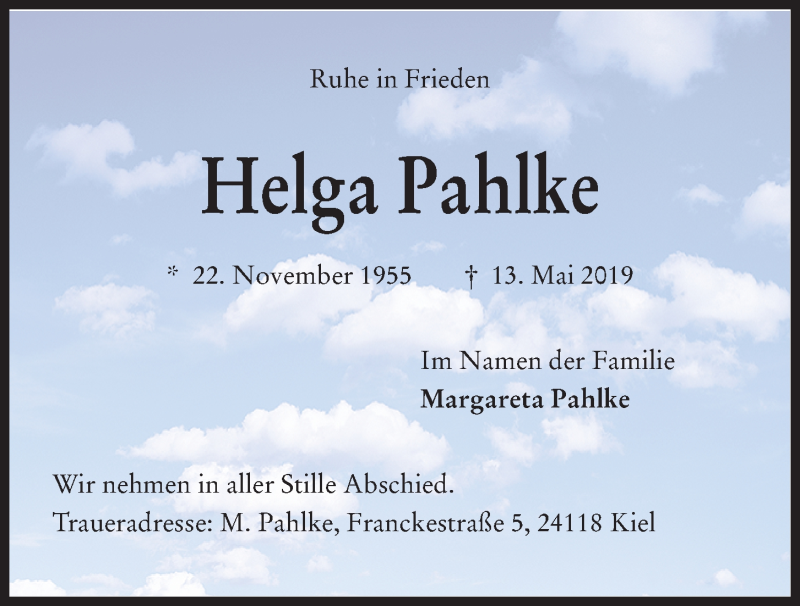  Traueranzeige für Helga Pahlke vom 18.05.2019 aus Kieler Nachrichten