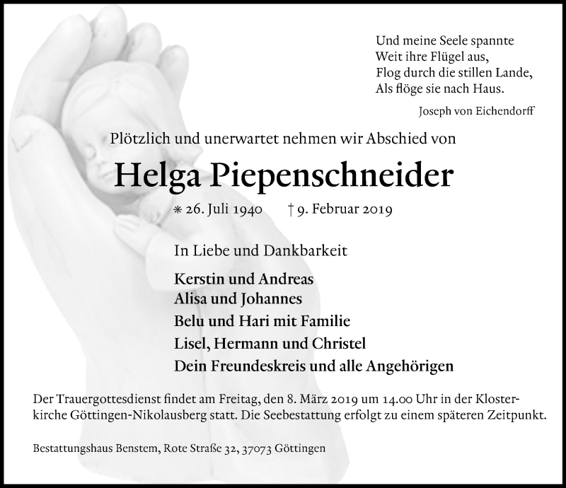  Traueranzeige für Helga Piepenschneider vom 02.03.2019 aus Göttinger Tageblatt