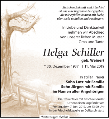 Traueranzeige von Helga Schiller von Leipziger Volkszeitung