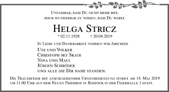 Traueranzeige von Helga Stricz von Ostsee-Zeitung GmbH