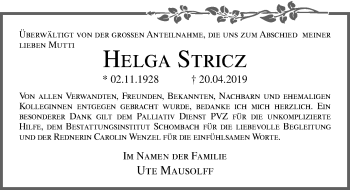 Traueranzeige von Helga Stricz von Ostsee-Zeitung GmbH
