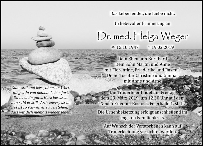  Traueranzeige für Helga Weger vom 02.03.2019 aus Ostsee-Zeitung GmbH