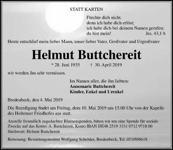 Traueranzeige von Helmut Buttchereit von Hannoversche Allgemeine Zeitung/Neue Presse