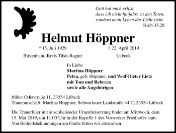 Traueranzeige von Helmut Höppner von Lübecker Nachrichten