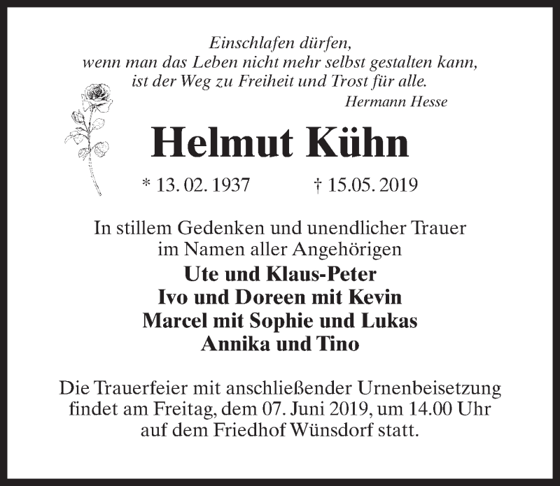  Traueranzeige für Helmut Kühn vom 25.05.2019 aus Märkischen Allgemeine Zeitung