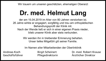 Traueranzeige von Helmut Lang von Märkischen Allgemeine Zeitung