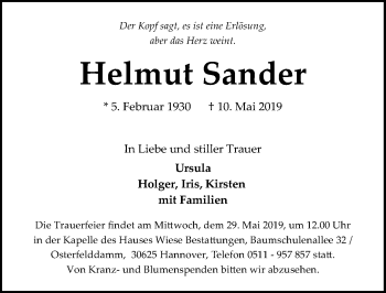Traueranzeige von Helmut Sander von Hannoversche Allgemeine Zeitung/Neue Presse