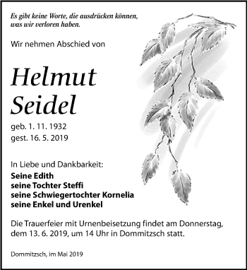 Traueranzeige von Helmut Seidel von Torgauer Zeitung