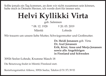 Traueranzeige von Helvi Kyllikki Virta von Hannoversche Allgemeine Zeitung/Neue Presse