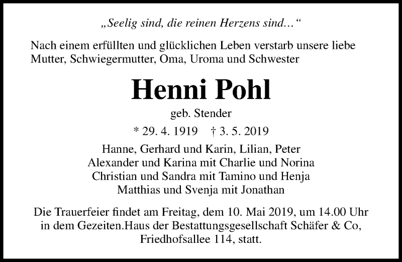  Traueranzeige für Henni Pohl vom 08.05.2019 aus Lübecker Nachrichten