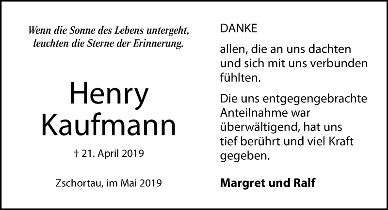  Traueranzeige für Henry Kaufmann vom 25.05.2019 aus Leipziger Volkszeitung