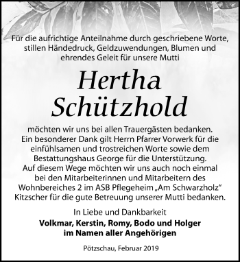 Traueranzeige von Hertha Schützhold von Leipziger Volkszeitung