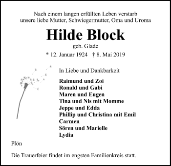 Traueranzeige von Hilde Block von Kieler Nachrichten
