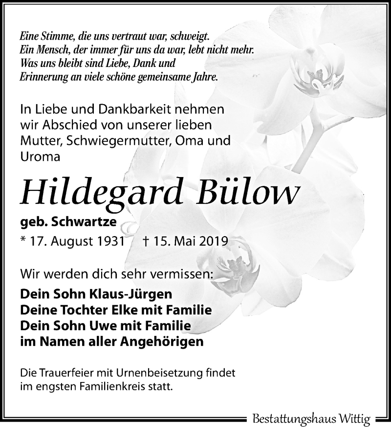  Traueranzeige für Hildegard Bülow vom 25.05.2019 aus Leipziger Volkszeitung
