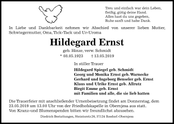 Traueranzeige von Hildegard Ernst von Göttinger Tageblatt