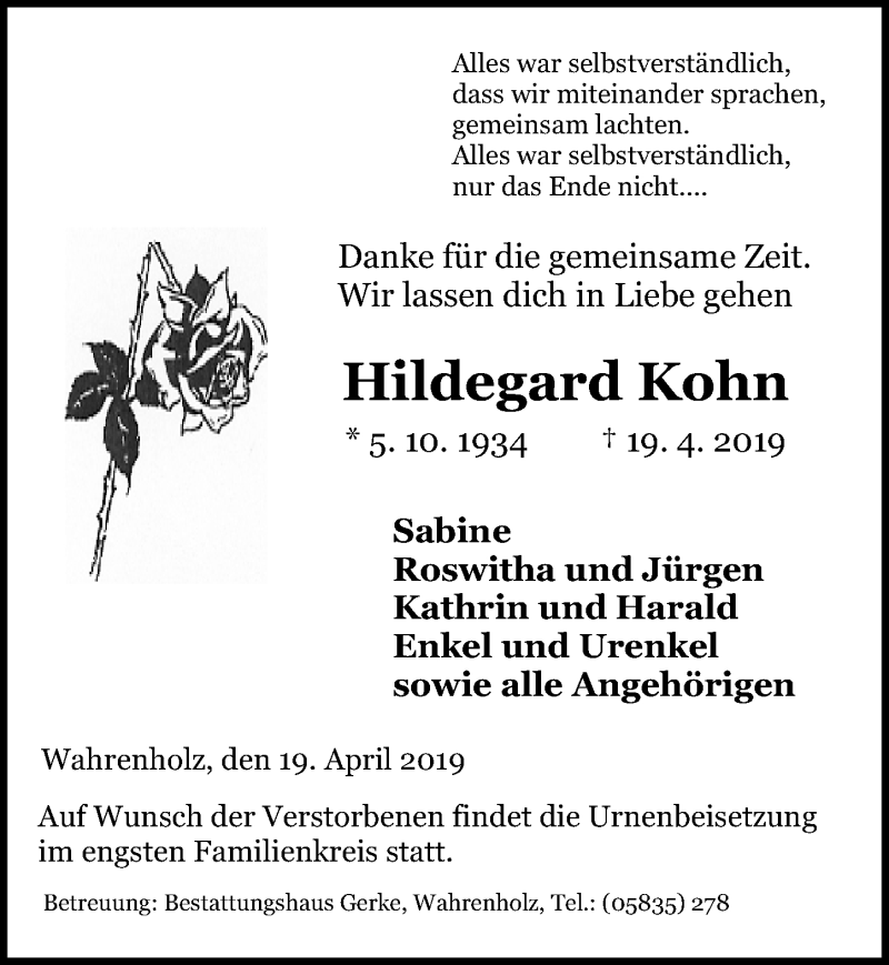  Traueranzeige für Hildegard Kohn vom 27.04.2019 aus Aller Zeitung
