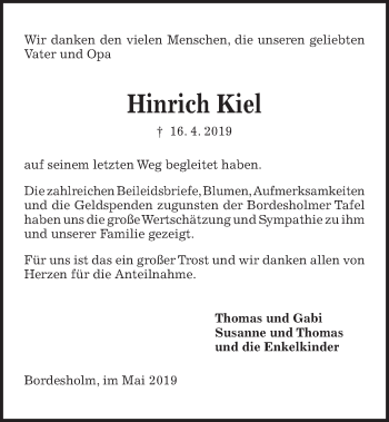Traueranzeige von Hinrich Kiel von Kieler Nachrichten