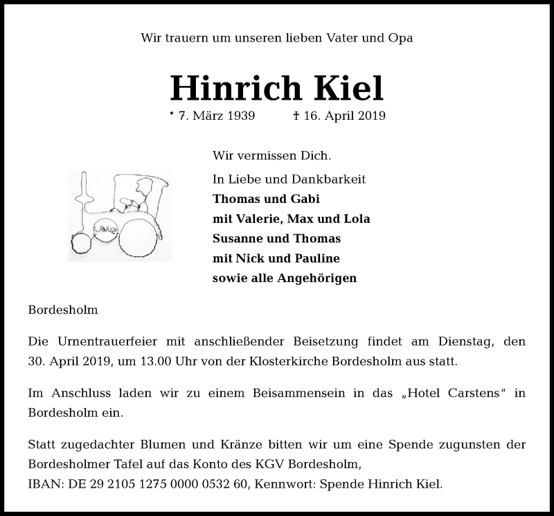  Traueranzeige für Hinrich Kiel vom 20.04.2019 aus Kieler Nachrichten