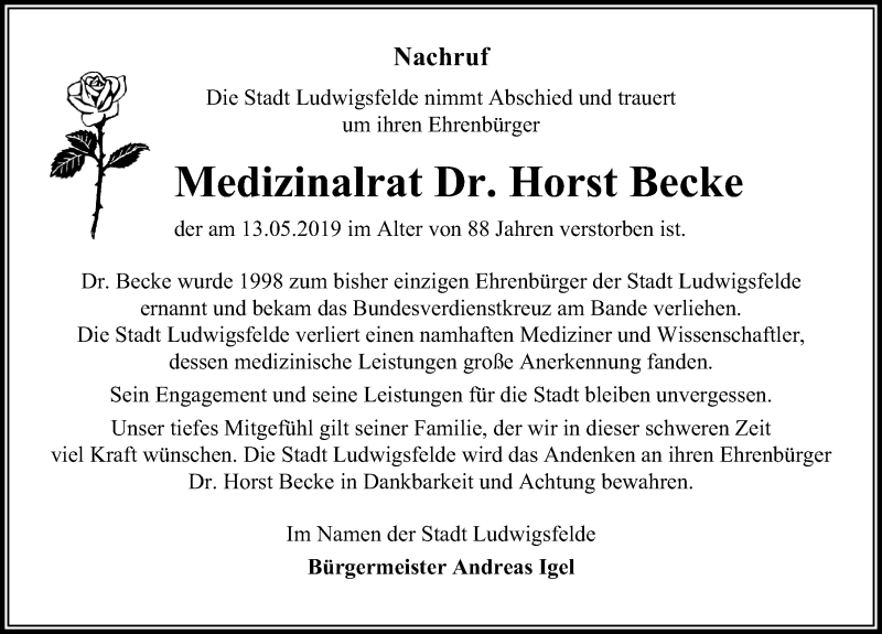  Traueranzeige für Horst Becke vom 18.05.2019 aus Märkischen Allgemeine Zeitung