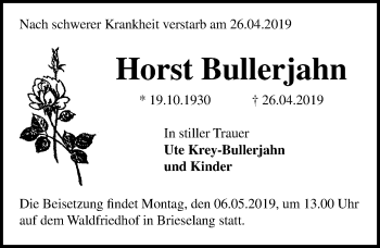Traueranzeige von Horst Bullerjahn von Märkischen Allgemeine Zeitung
