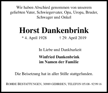 Traueranzeige von Horst Dankenbrink von Hannoversche Allgemeine Zeitung/Neue Presse