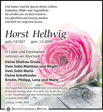 Traueranzeige von Horst Hellwig von Leipziger Volkszeitung