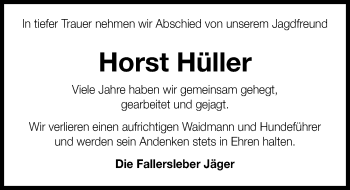 Traueranzeige von Horst Hüller von Aller Zeitung