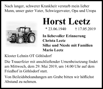 Traueranzeige von Horst Leetz von Märkischen Allgemeine Zeitung