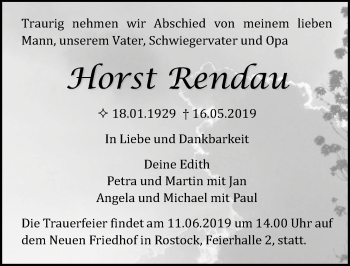 Traueranzeige von Horst Rendau von Ostsee-Zeitung GmbH