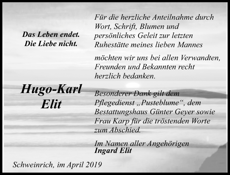  Traueranzeige für Hugo-Karl Elit vom 27.04.2019 aus Märkischen Allgemeine Zeitung