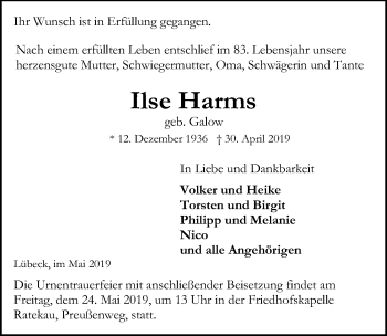 Traueranzeige von Ilse Harms von Lübecker Nachrichten