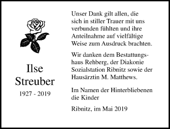 Traueranzeige von Ilse Streuber von Ostsee-Zeitung GmbH