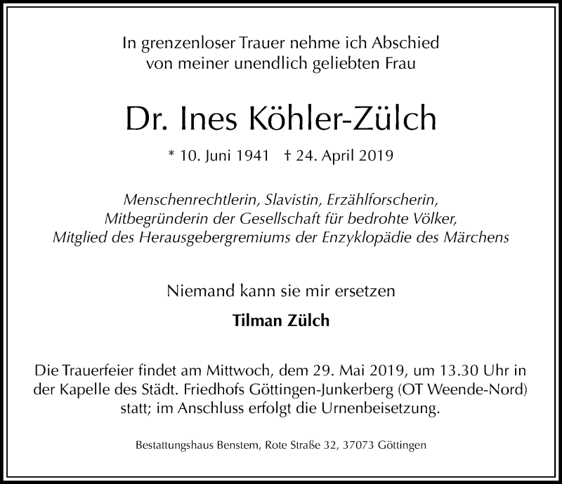  Traueranzeige für Ines Köhler-Zülch vom 18.05.2019 aus Göttinger Tageblatt
