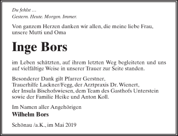 Traueranzeige von Inge Bors von Märkischen Allgemeine Zeitung