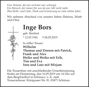 Traueranzeige von Inge Bors von Märkischen Allgemeine Zeitung
