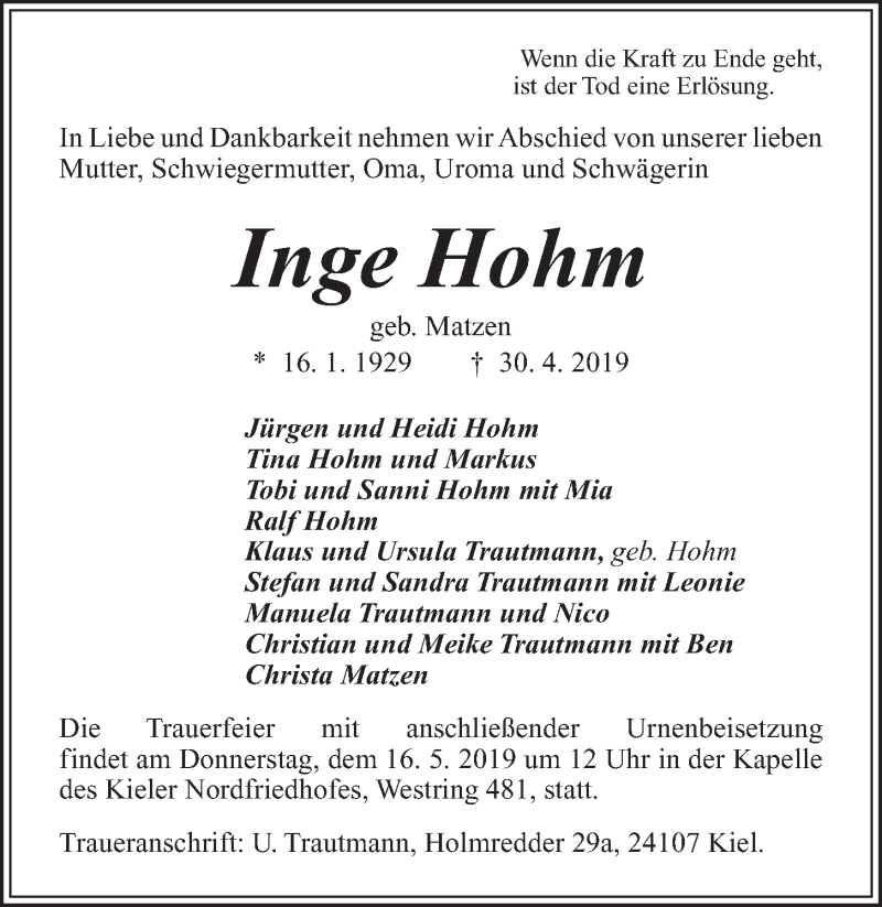  Traueranzeige für Inge Hohm vom 11.05.2019 aus Kieler Nachrichten