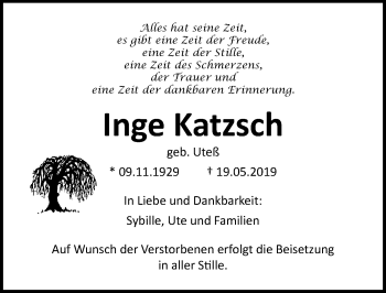 Traueranzeige von Inge Katzsch von Ostsee-Zeitung GmbH