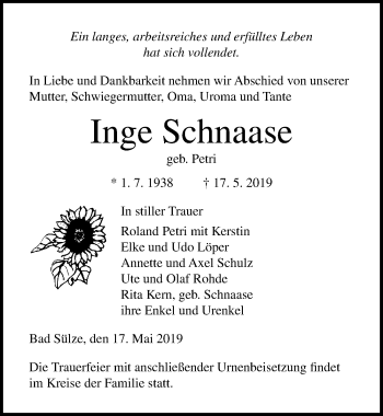 Traueranzeige von Inge Schnaase von Ostsee-Zeitung GmbH