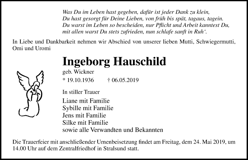  Traueranzeige für Ingeborg Hauschild vom 11.05.2019 aus Ostsee-Zeitung GmbH