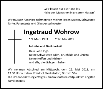 Traueranzeige von Ingetraud Wohrow von Lübecker Nachrichten