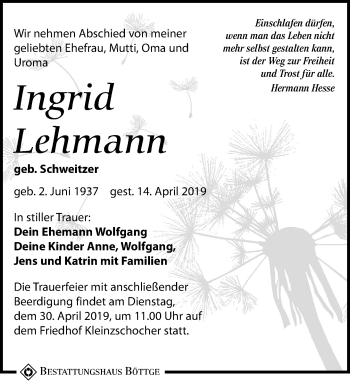 Traueranzeige von Ingrid Lehmann von Leipziger Volkszeitung