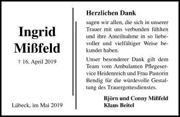 Traueranzeige von Ingrid Mißfeld von Lübecker Nachrichten