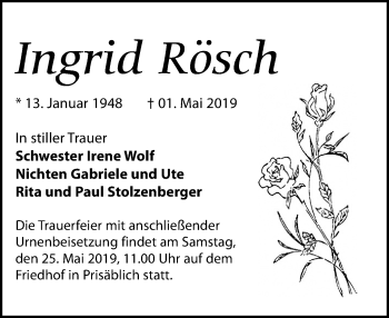 Traueranzeige von Ingrid Rösch von Leipziger Volkszeitung