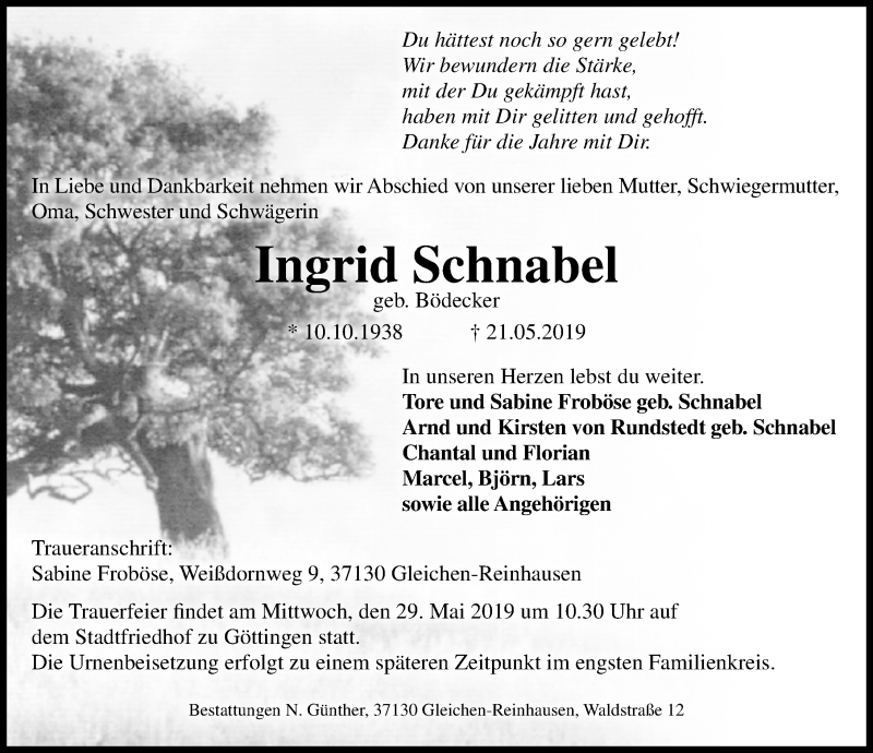  Traueranzeige für Ingrid Schnabel vom 25.05.2019 aus Göttinger Tageblatt