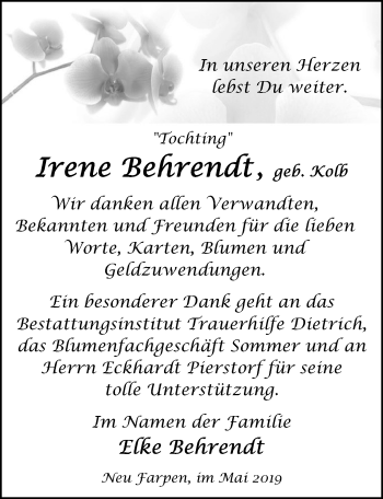 Traueranzeige von Irene Behrendt von Ostsee-Zeitung GmbH