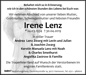 Traueranzeige von Irene Lenz von Hannoversche Allgemeine Zeitung/Neue Presse