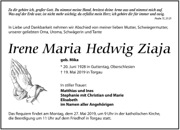 Traueranzeige von Irene Maria Hedwig Ziaja von Torgauer Zeitung